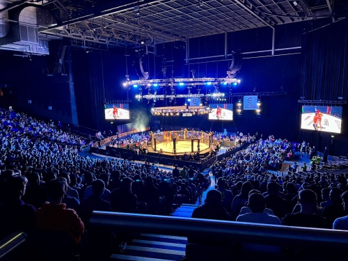 View from level 2 accessible seating at the 3Arena Dublin. A large crowd is visible and bathed in blue light. They are all watching the MMA action in the cage, which is under spotlight in the middle of the arena. There are also 3 large screens (one to the right, centre and left of the arena) which are showing the in cage action.