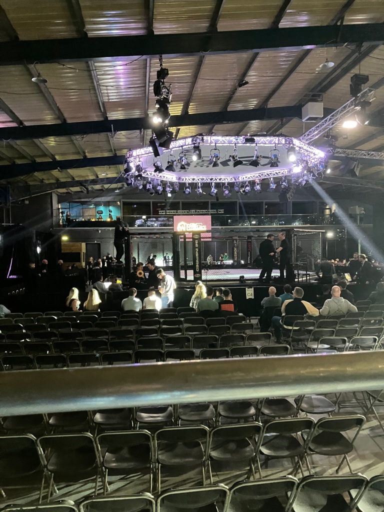 Emma's view on the access platform at Bowlers Exhibition Centre for Cage Warriors 167 and 168